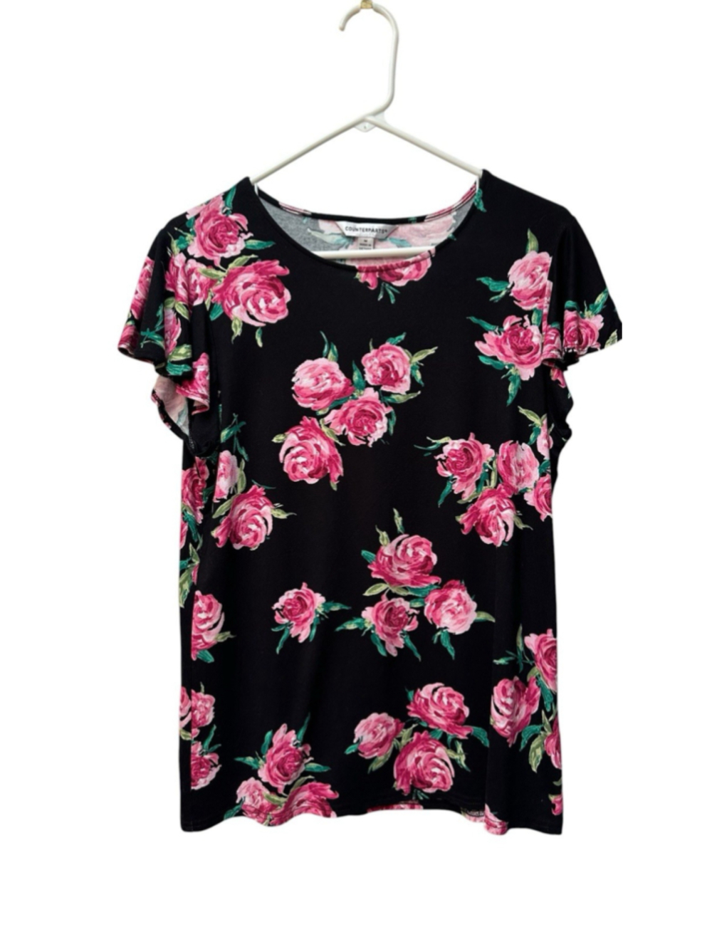 Counterparts Roses Blouse Slinky Stretch Top Womens Medium Short Flutter Sleeves